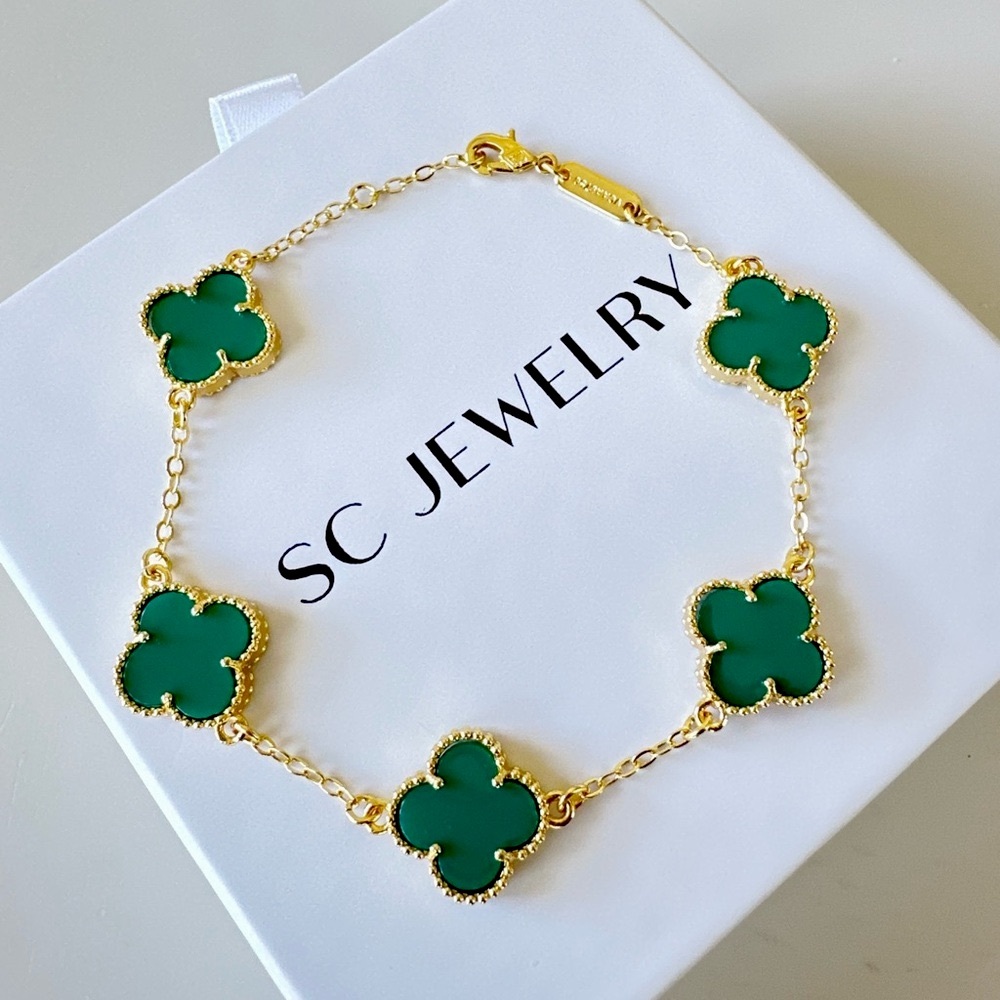 Last 3 🔥 Green Onyx Stone & Gold Clover Bracelet Double Sided Luxury Jewelry - Picture 2 of 10